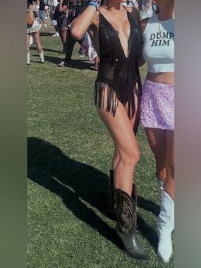 East n West Label Boheme Sequin Fringe Bodysuit One Piece Festival Outfit